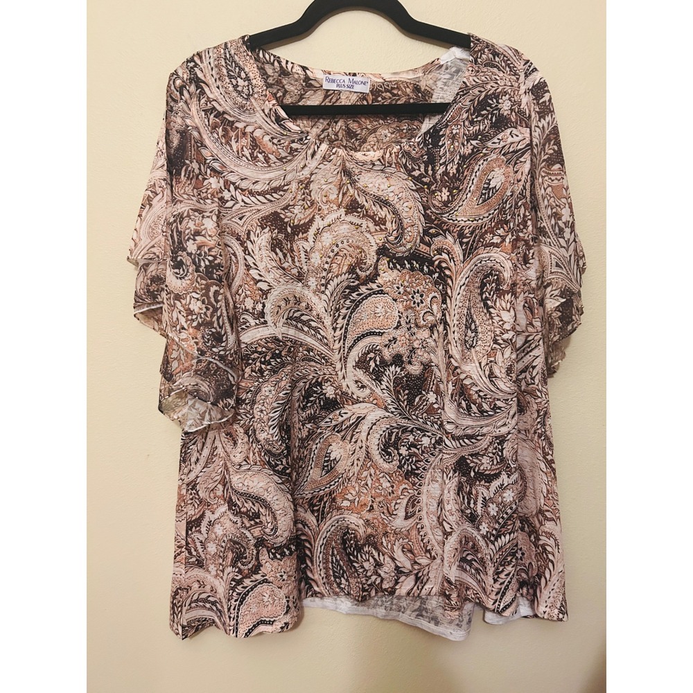 Rebecca Malone Blouse Womens Plus Size Brown Paisley Studded Flutter Sleeve Exc